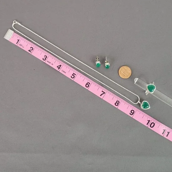 Green Onyx Rhodium Over Silver Heart Necklace, Ring (Sz 7.5), & Earrings - Picture 16 of 16